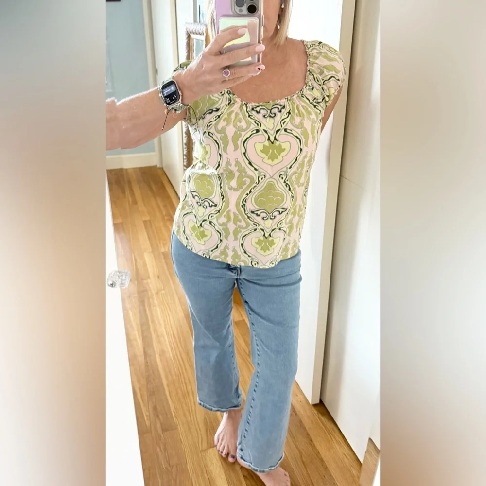J.Crew Green & Pink Printed Smocked Top – Size S – 100% Cotton